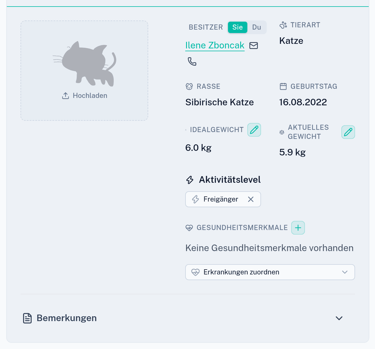Die Kopfzeile der Patientenakte mit Alter, Lebensphase und Körperkondition