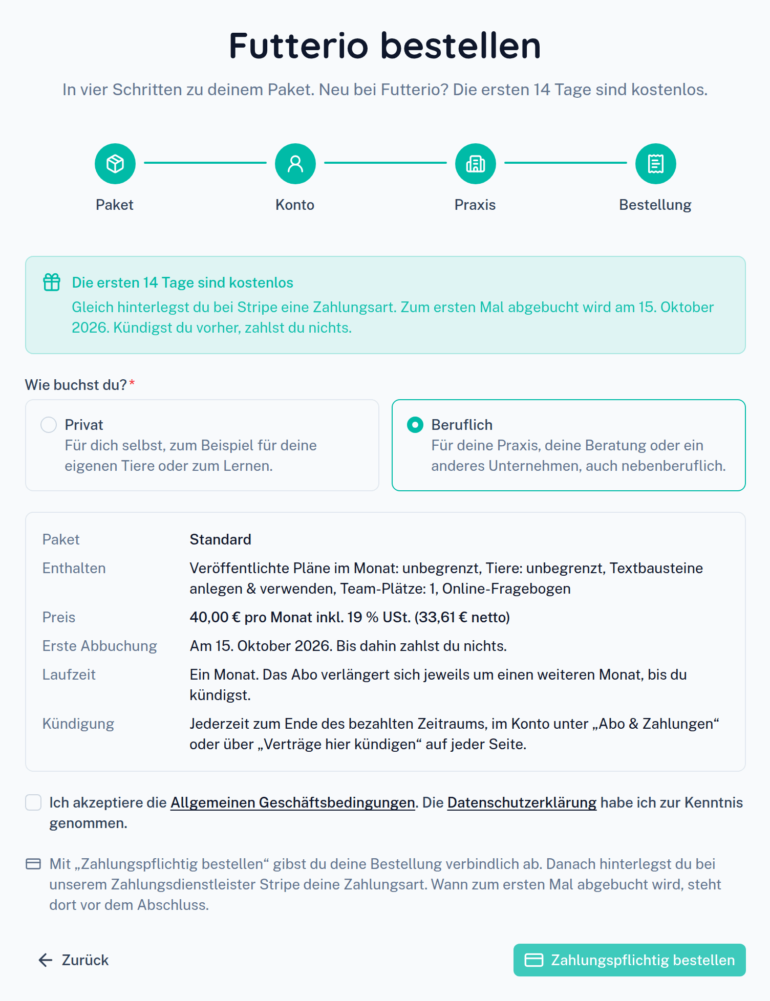 Der Schritt Bestellung mit den kostenlosen Tagen und der ersten Abbuchung