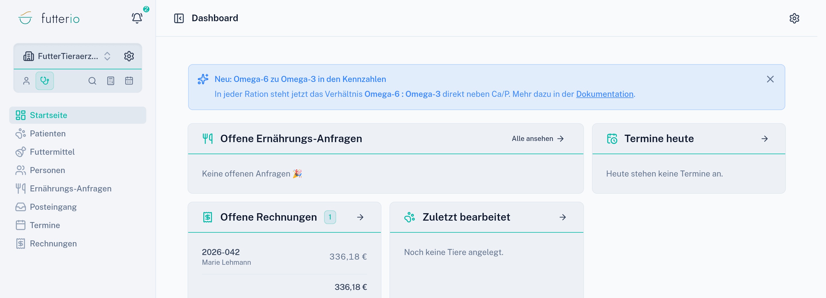 Eine Meldung des Futterio-Teams auf dem Dashboard