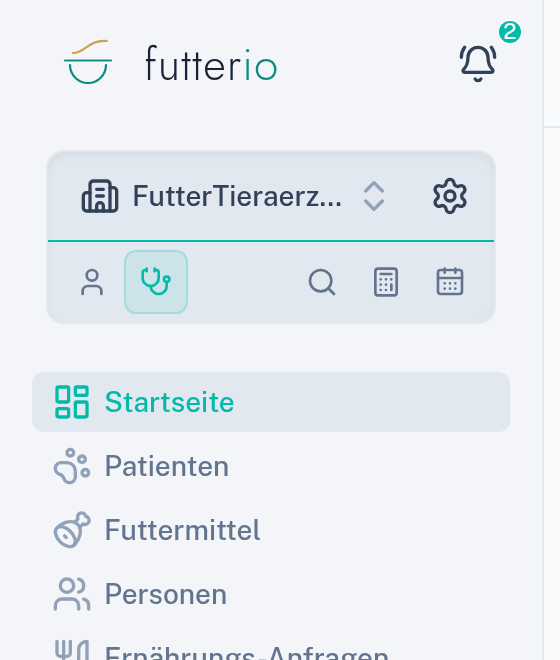 Die Seitenleiste mit Praxisname und Schnellzugriffen