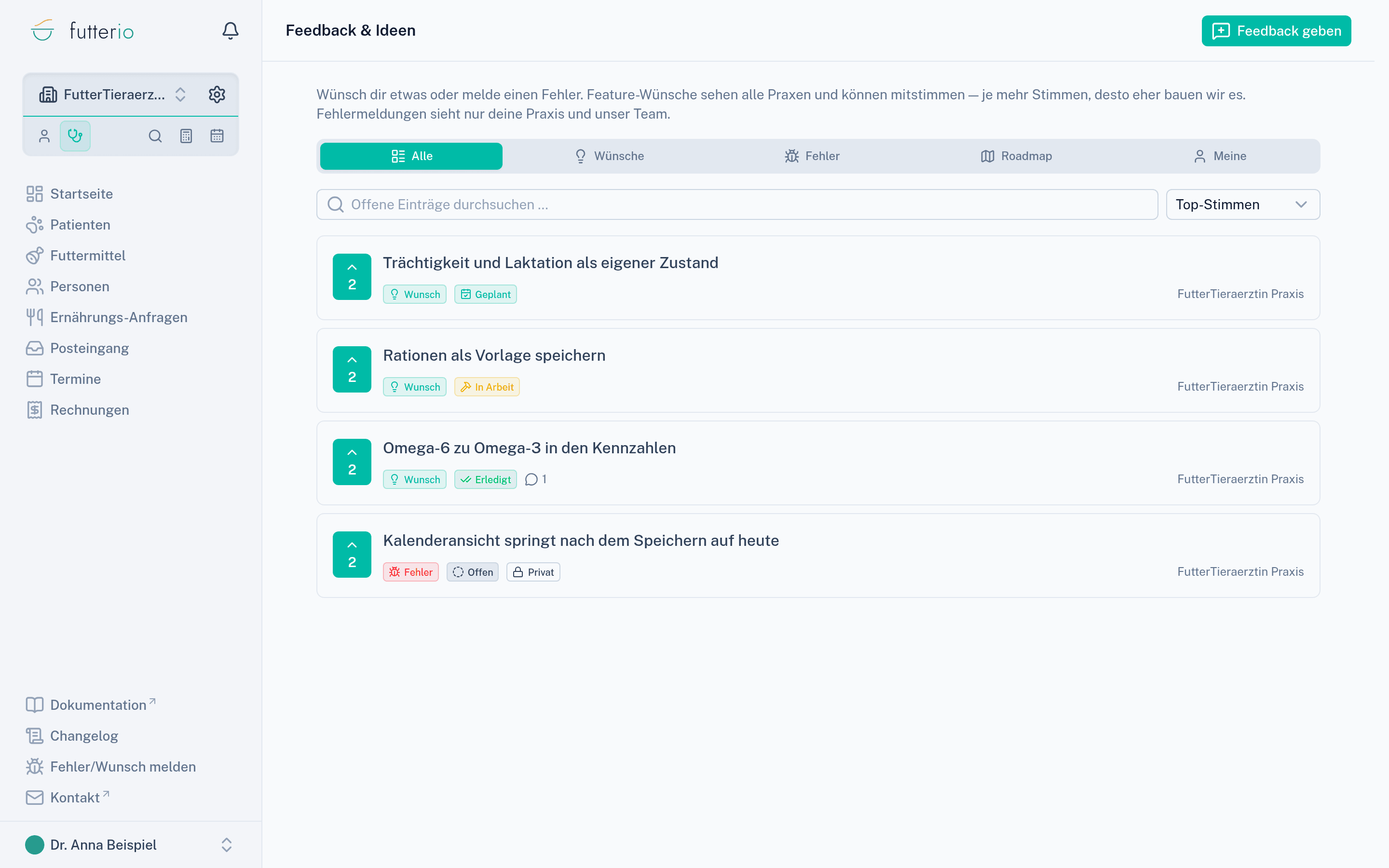Das Board „Feedback & Ideen“