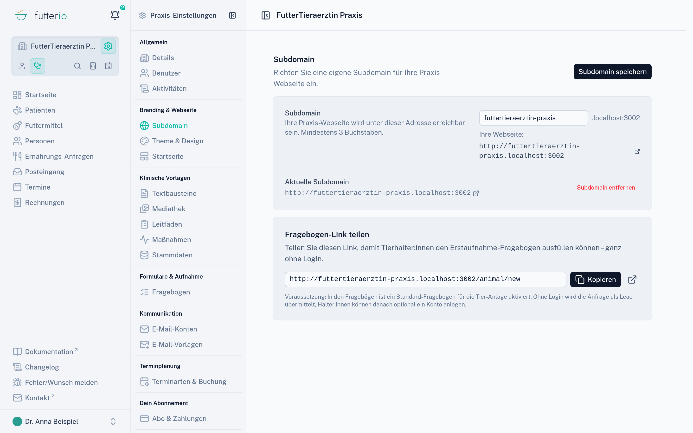 Subdomain und Fragebogen-Link