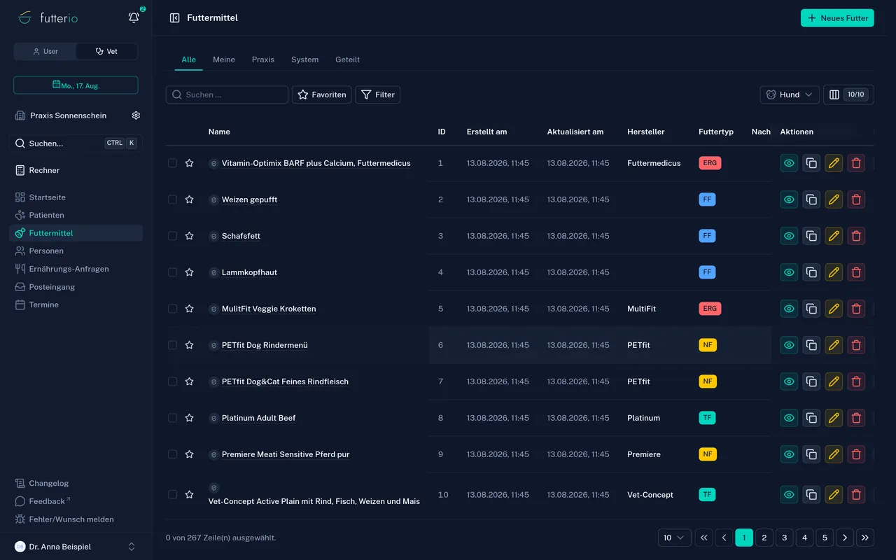 Feed catalogue in Futterio with manufacturers and feed types
