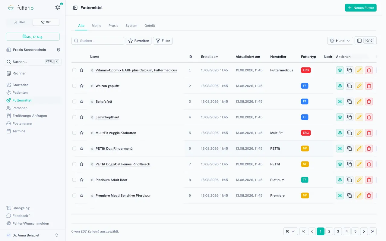 Feed catalogue in Futterio with manufacturers and feed types