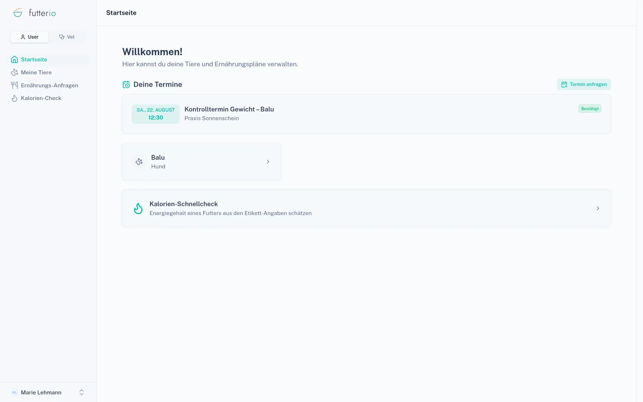 Futterio pet owner portal with appointments, animals and calorie check