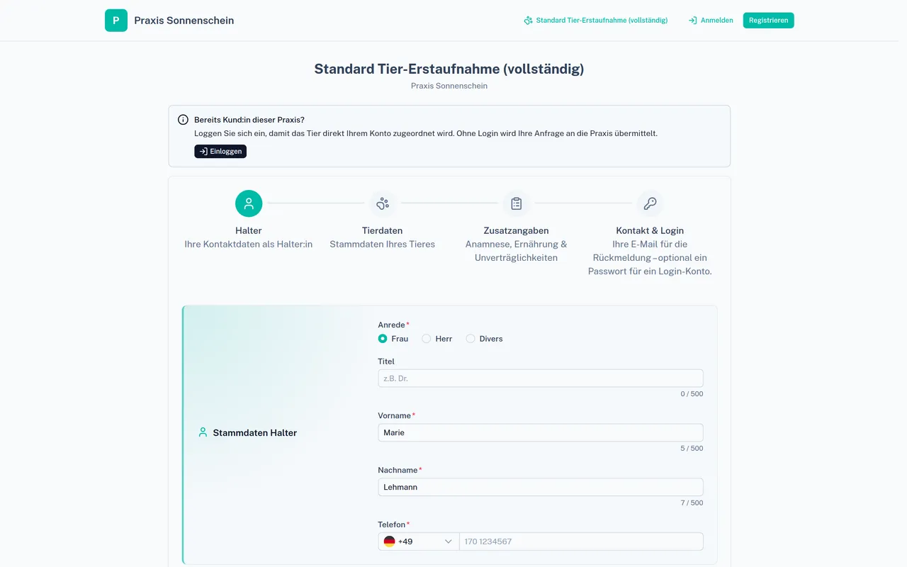 A practice's online questionnaire in Futterio: owner, animal and feeding data step by step