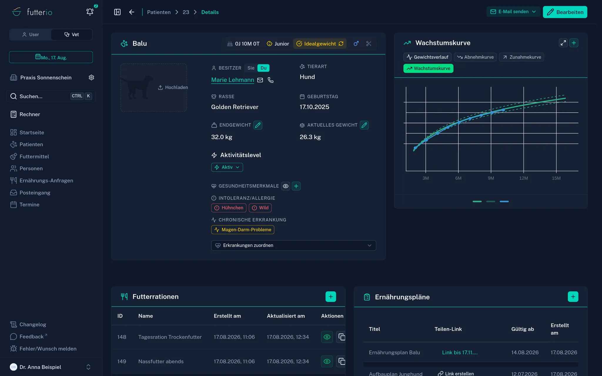 Patient record in Futterio: a dog with weight history, growth curve, rations and nutrition plans